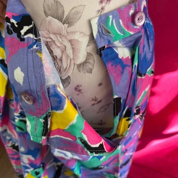 Vintage 80s 90s Floral Pleated Midi Long Skirt Lavender Pink Teal Cotton Size 14 - Picture 4 of 17